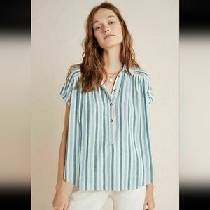 Anthropologie The Serena Surf Henley Blouse Striped Print Button Collared Top XS